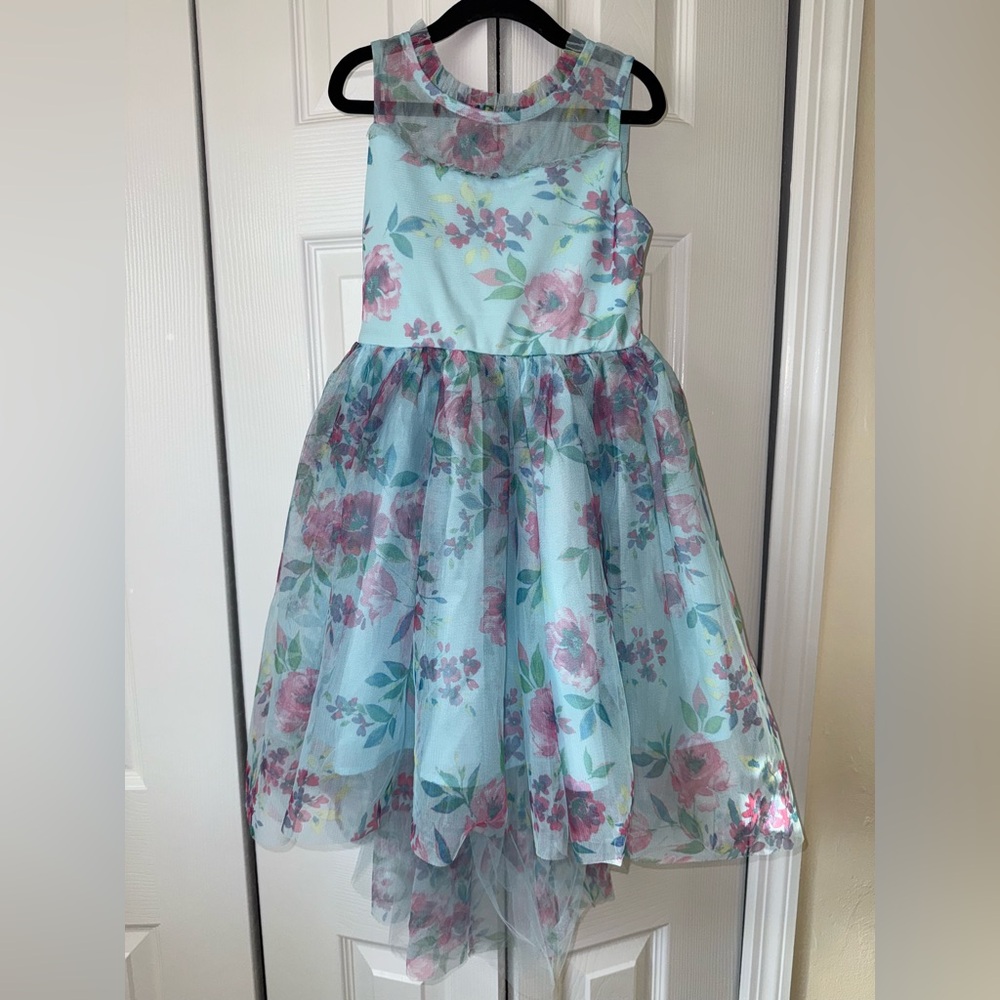 Zunie Girls Turquoise Flower Mesh Dress, longer in the back, Size S 6/6X